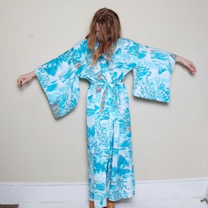 Japanses Kimono blue nature scene traditional robe womens vintage clothing 90s polyester boho hippie hippy rocker lounge wear mountain trees