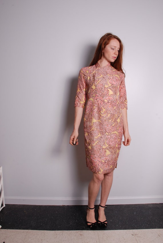 70s Medium Cheongsam Chinese Silk Dress Marbled Pink Yellow Short Cut Long  Sleeve Womens Vintage Clothing Mandarin - Etsy