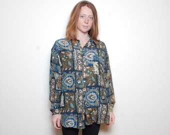 90s large silk green blouse floral patchwork button up shirt multi colored nature print women longe sleeve vintage clothing blue yellow boho