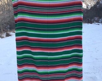 80s green and red woven mexican blanket throw tassles house wear striped shawl