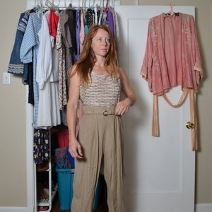 90s large belted pantsuit one piece womens suit brown workwear overalls romper coveralls onesie sleeveless JSJ Petites beige abstract boho