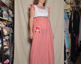 1960s mediuml Marla K Raggedy Ann dress California sleeveless red white checkered baby doll costume summer party ruffle gingham wedding boho