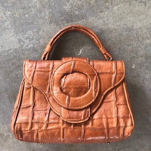 60s pleather over sized buckle top handle purse womens vintage accessories light brown Celestial Markay bags lizard skin purse tote boho hip