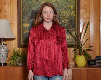 90s small button down silk shirt wine red striped long shirt Bob Mackie Wearable Art boho hipster casual fancy blouse classic oversized top