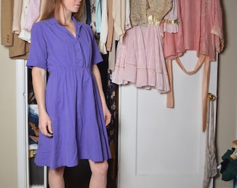 80s medium purple cotton shirtwaist button down dress full skirt collard pleated blouse top Blair Warren PA medium work dress dagger collar