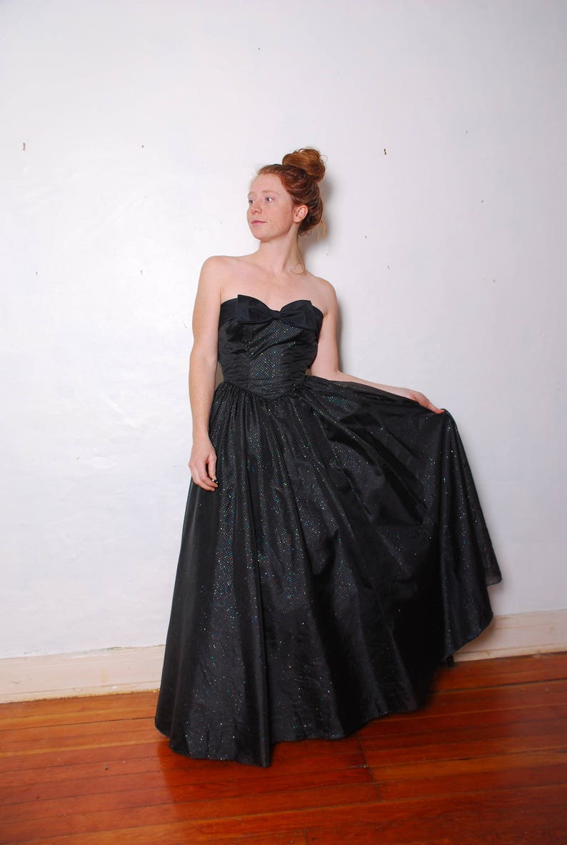 80s small strapless  black bow front tulle prom evening gown maxi dress silver sparkle fitted bodice goth princess formal 1950s Mike Benet 