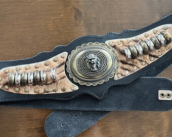 80s leather and fur waist belt lion emblem hook behind back brass buckle wild animal faux tiger stripe fur boho western ski town Aspen black