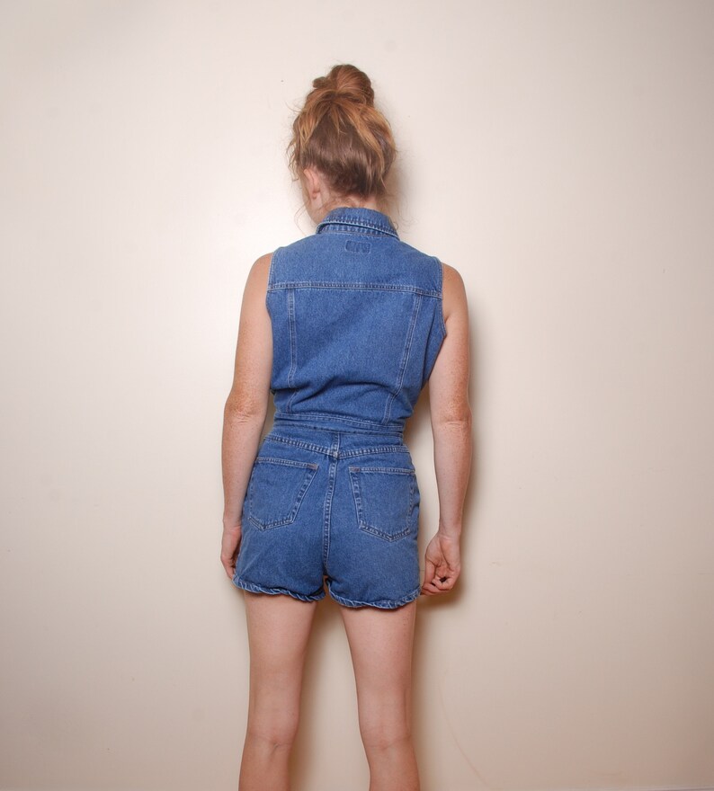 90s small medium denim romper size 6 short overalls collared top blue jean suit womens vintage clothing country western streetwear fun