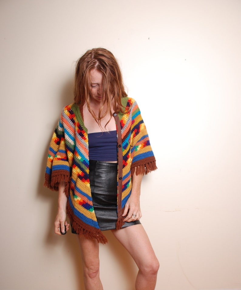 70s knit poncho fits all womens rainbow hippie boho jacket coat brown blue yellow shawl festival holiday winter coverup fringe statement