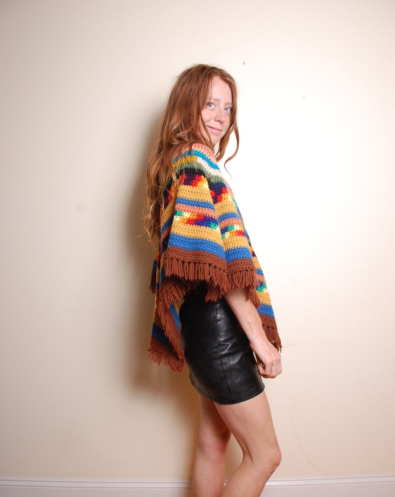 70s knit poncho fits all womens rainbow hippie boho jacket coat brown blue yellow shawl festival holiday winter coverup fringe statement