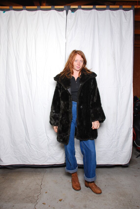 80s medium dark brown faux fur winter coat boho hi