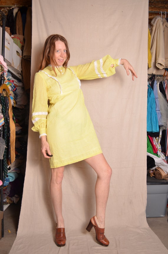 60s small yellow polkadot mini dress long sleeve … - image 1