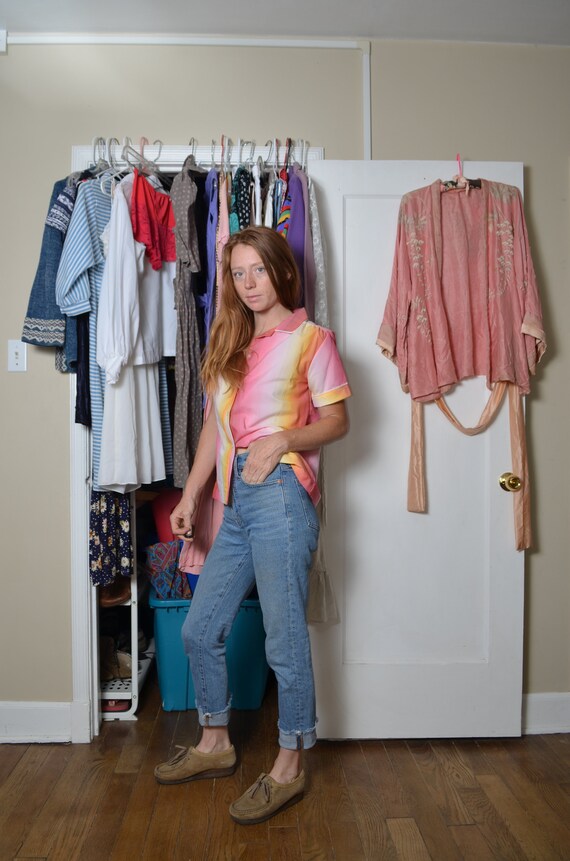 70s large ombre pink button down blouse orange co… - image 4