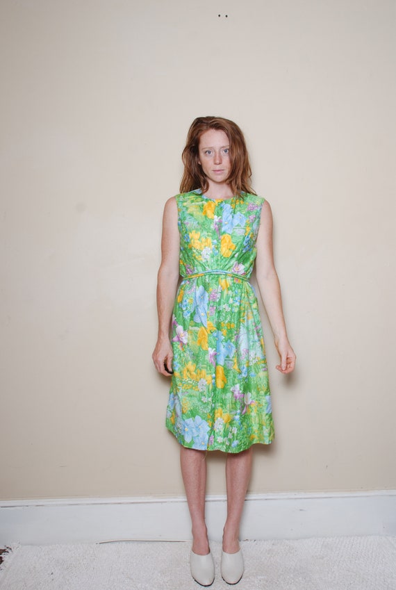 70s medium garden dress button down green floral … - image 1