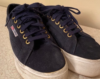 90s womens 8 Superga platform lace up shoes navy blue white grunge pop punk boho hippie rave hipster EU 39 fashion sneaker tennis shoe class