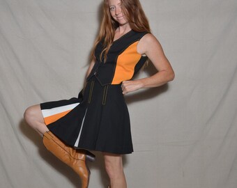 1980s small cheerleader skirt and vest set Barbara black gold Wright Salt Lake City costume dance wear prep rally two piece mini skirt tank