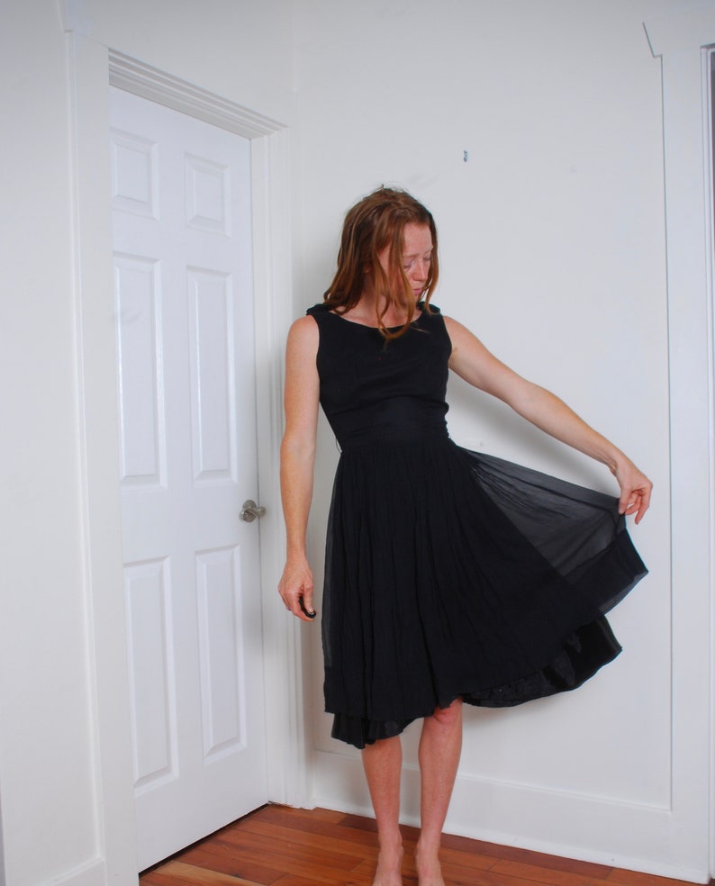 60s small black party dress sleeveless caplet full skirt fitted bodice shirtwaist womens event wedding gown knee length ILGWU chiffon boho image 3
