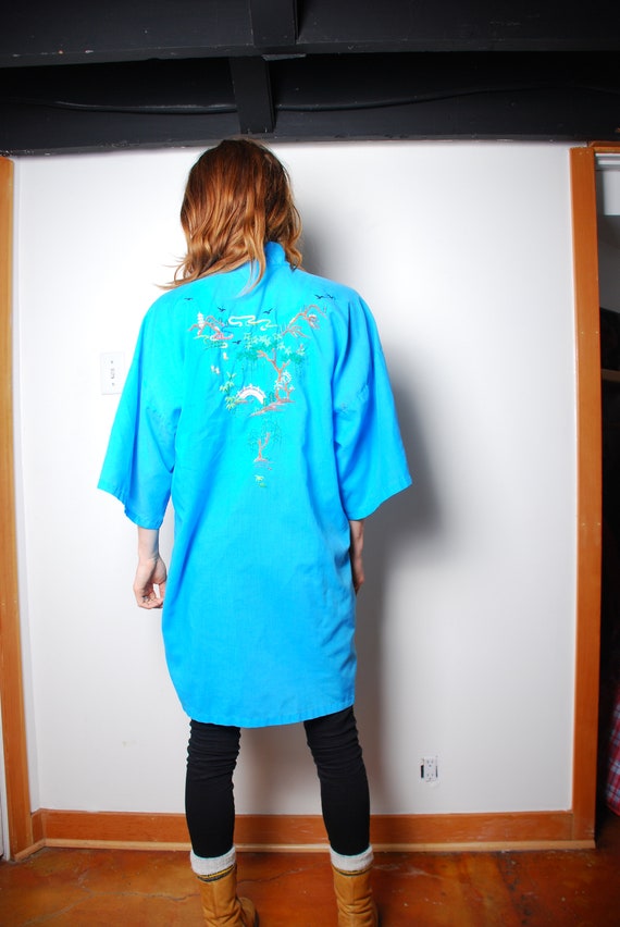 70s medium blue kimono robe embroidered lingerie … - image 7