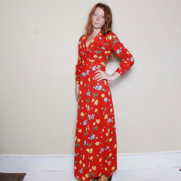 70s small two piece halter maxi dress jacket set womens vintage clothing red floral allover print wedding spring cropped boho hippy festival