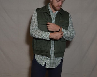 Y2k medium green canvas work vest fully lined insulated Driscoll Potatoes farming ranching jacket mens womens army canvas camping hiking top