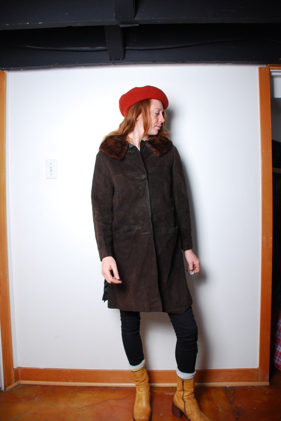 60s medium brown suede jacket fur collar mink lon… - image 5