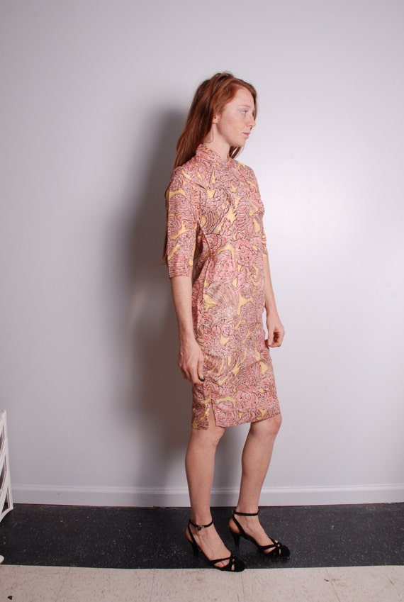 70s medium Cheongsam Chinese silk dress marbled p… - image 2