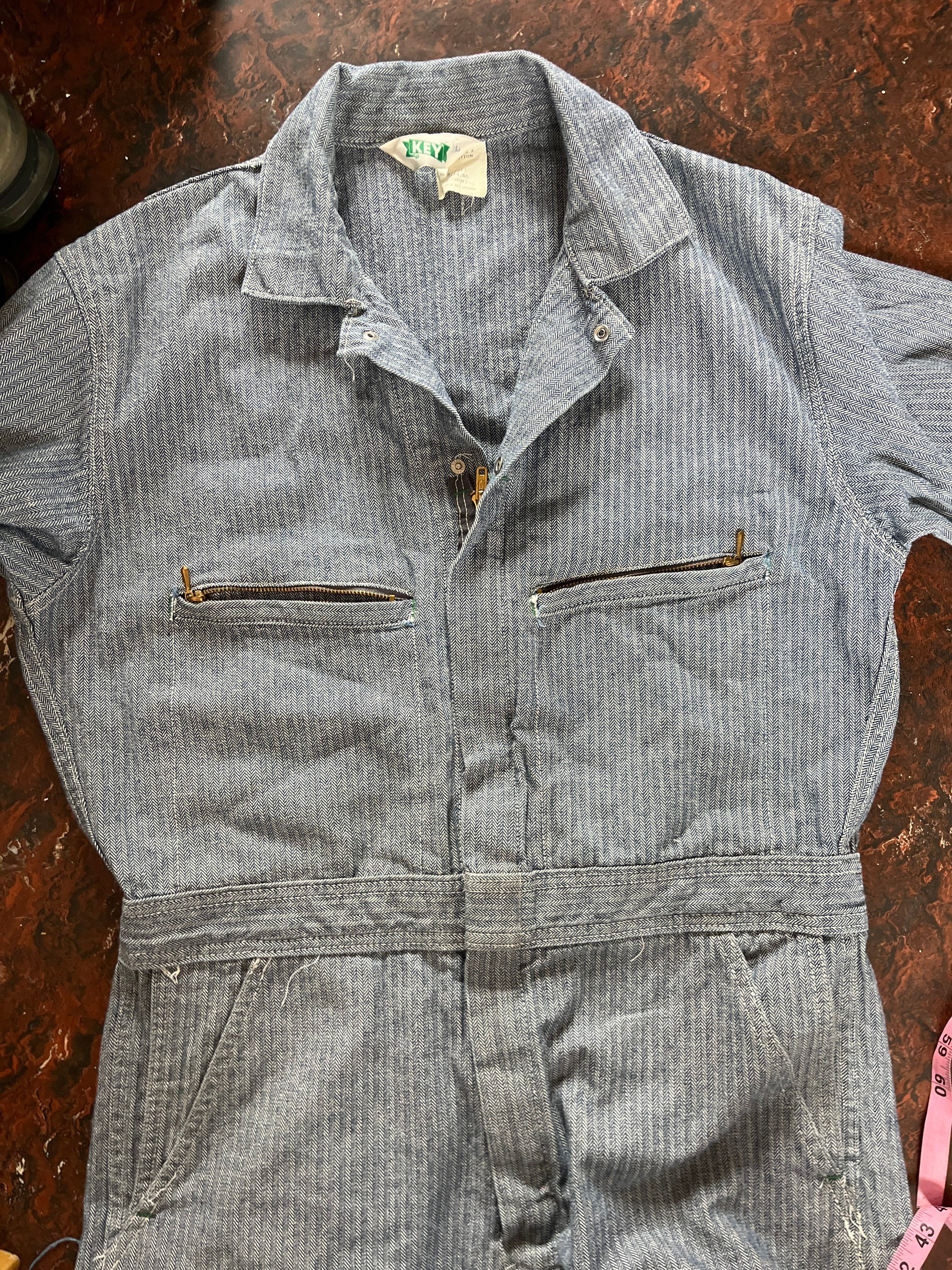 60's 〜70's key ヴィンテージ オールインワン Vintage 38 Short Key Herringbone Blue Denim Coveralls 70s Unisex