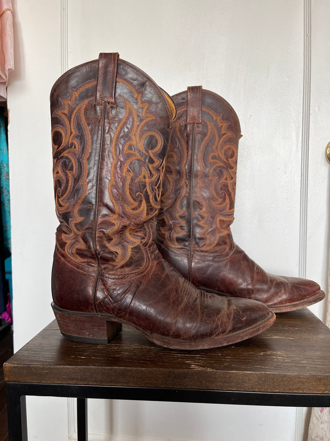 Stylish Brown and Orange Cowboy Boots size 9 d Tony Lama Vintage Tony Lama Two Tone Brown Leather Western Cowboy  main image 2