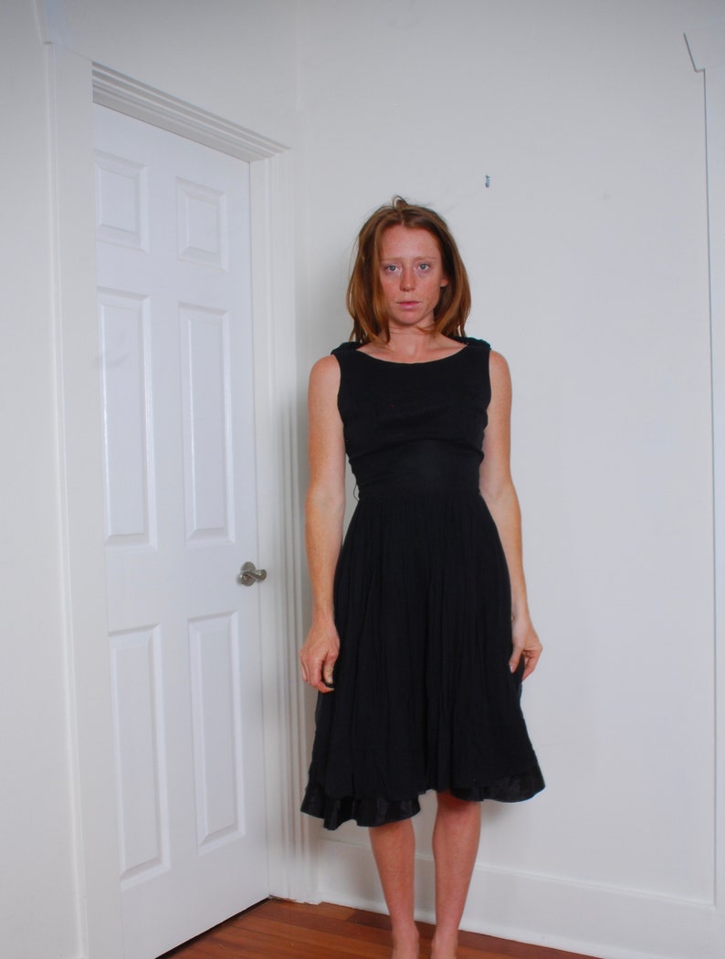 60s small black party dress sleeveless caplet full skirt fitted bodice shirtwaist womens event wedding gown knee length ILGWU chiffon boho image 2