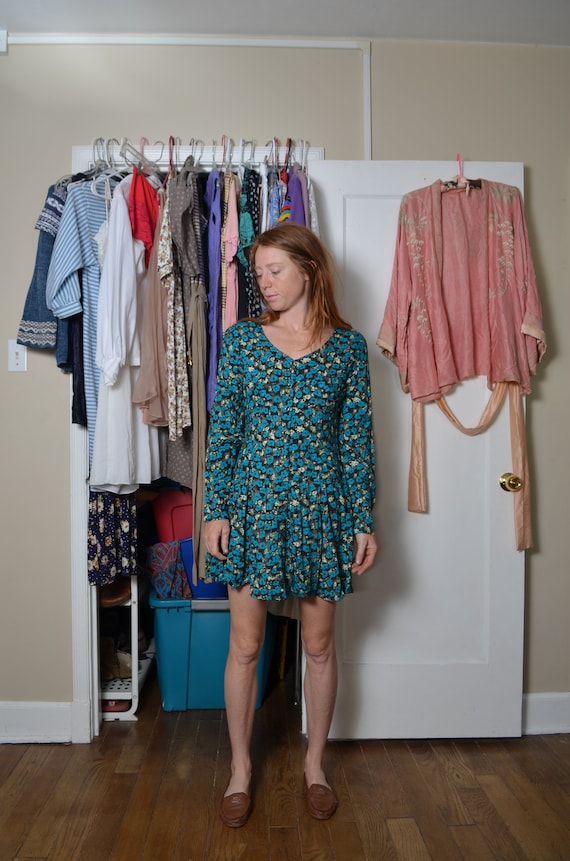 90s Large Floral Mini Full Skirt Dress Long Sleeve Short Button Down Express Andy Warhol Aqua Green Blue Allover Print Scoop Neck Boho Hip