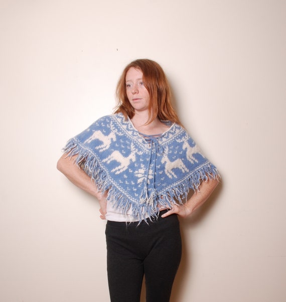 90s Blue Wool Holiday Poncho Cape Fringe Reindeer Snow Flake Winter Overcoat Womens Vintage Clothing Baby Blue White Boho Hippie Cute Warm