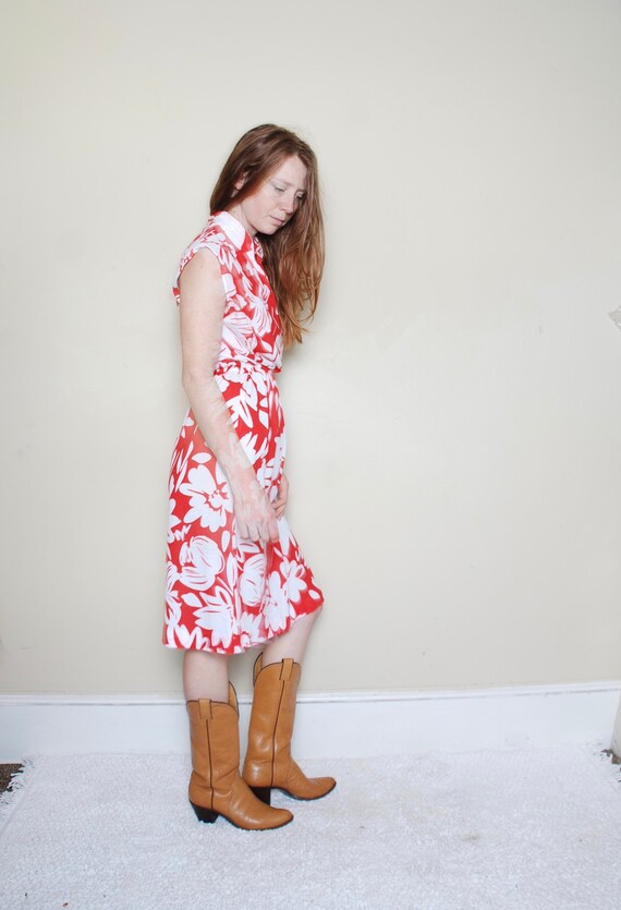 80s medium red floral dress Sears Hawaiian vacati… - image 4