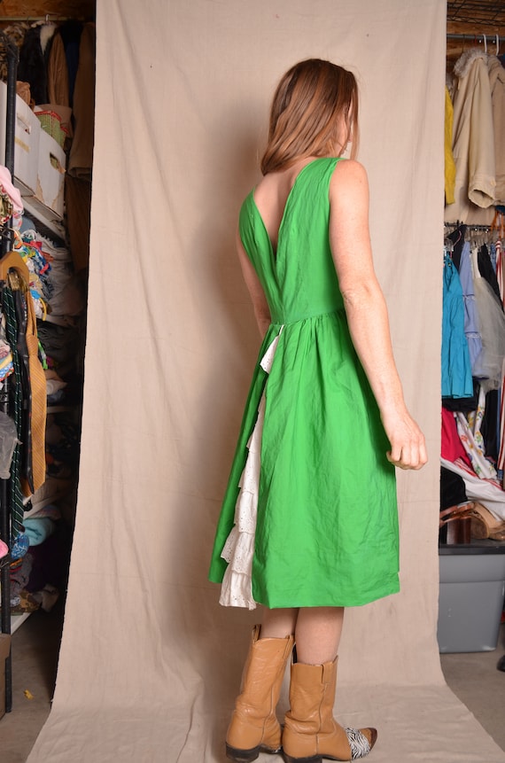 40s small green sleeveless dress with petticoat detail v neck low back eyelet lace White summer tea party dress vintage womens clothing boho 40s small green sleeveless dress with petticoat detail v neck low back eyelet lace White summer tea party dress vintage womens clothing boho