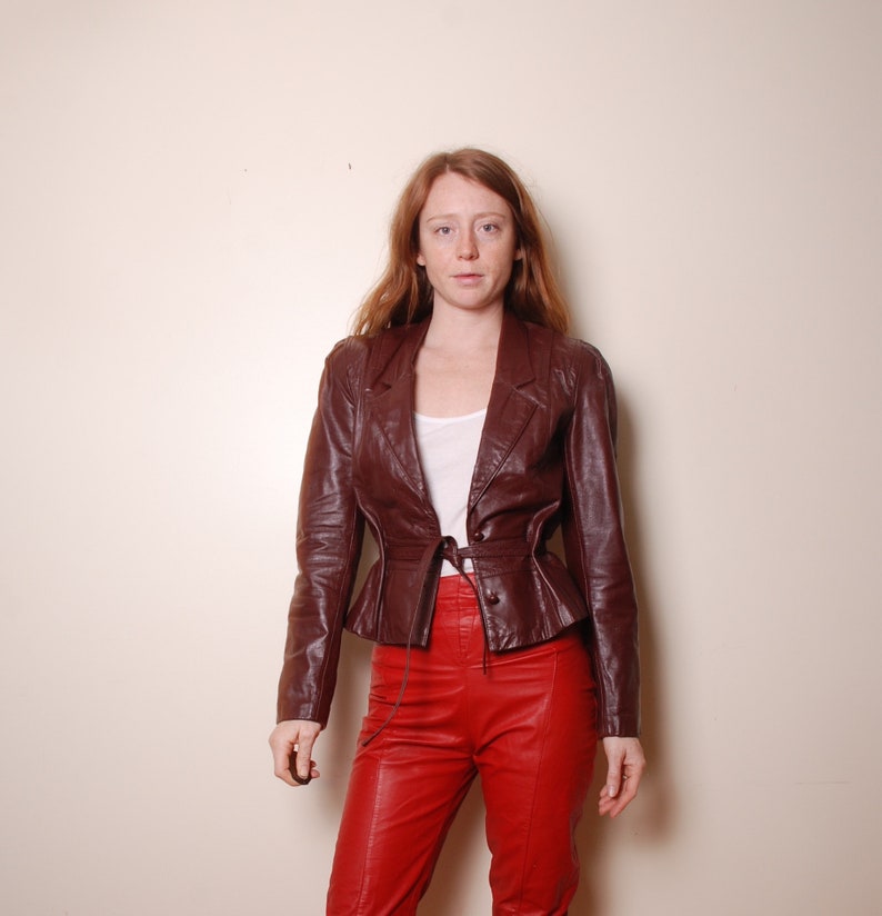 70s Small Oxblood Leather Er Cropped Jacket Womens Winter Vintage Clothing Ons Tie Disco Fitted Boho Classic Rocker Punk Hippie