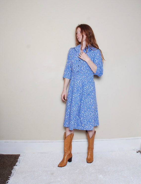 80s does 50s medium floral shirtdress blue rainbo… - image 3