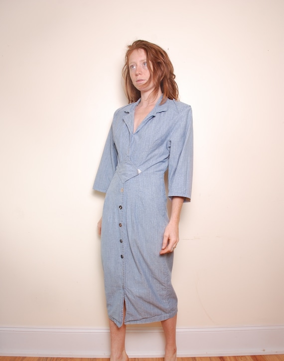 90s Medium Denim Button Down Dress Long Sleeve Womens Work Dress V Neck  1980s Bat Sleeve Sexy Carrara Shoulder Pads Hipster Casual Outfit - Etsy