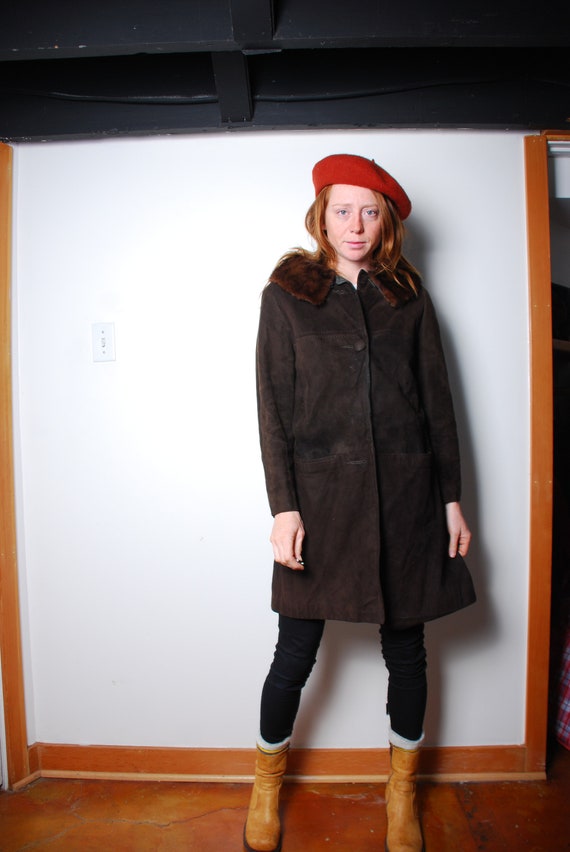 60s medium brown suede jacket fur collar mink lon… - image 2