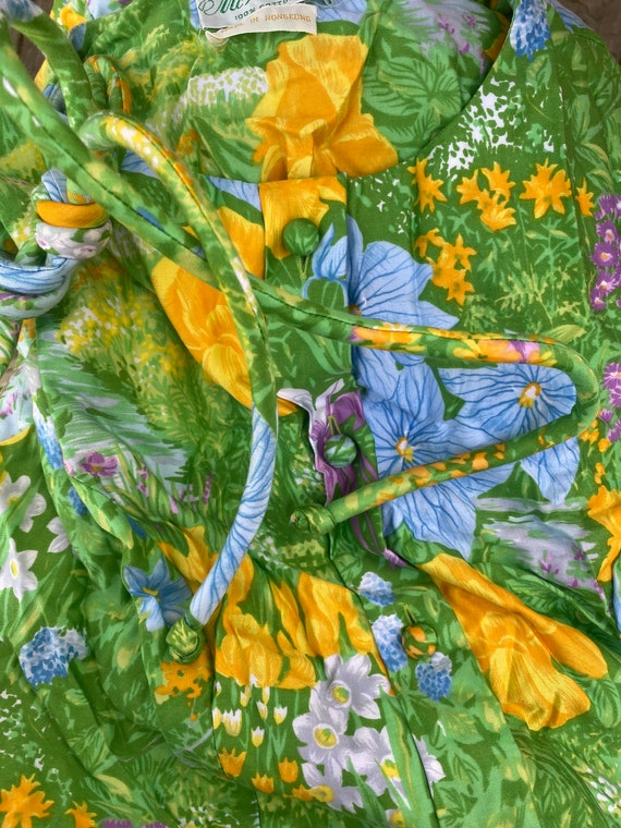 70s medium garden dress button down green floral … - image 8