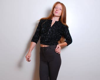 70s small black sequin cardigan sweater clasp shut womens vintage clothing boho glamorous evening light jacket