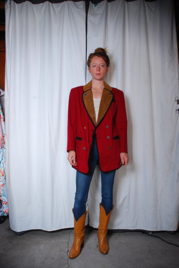 90s medium dark red overcoat double breasted sued… - image 9