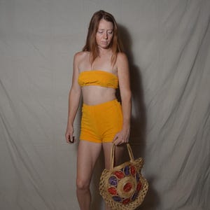 1960s small bandeau top hot pants shorts yellow terry cloth swim beach set summer holiday vacation high waist rollerskating 70s disco dance