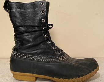 90s mens 8 LL Bean Boots lace up fall winter camping rubber toe galoshes high ankle Maine leather hunting rain shoe 80s throw back trend hip