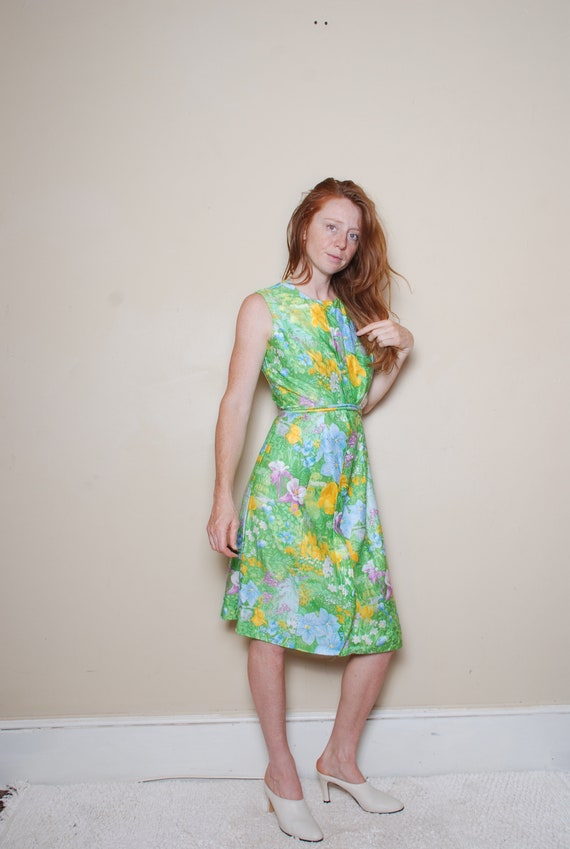 70s medium garden dress button down green floral … - image 2