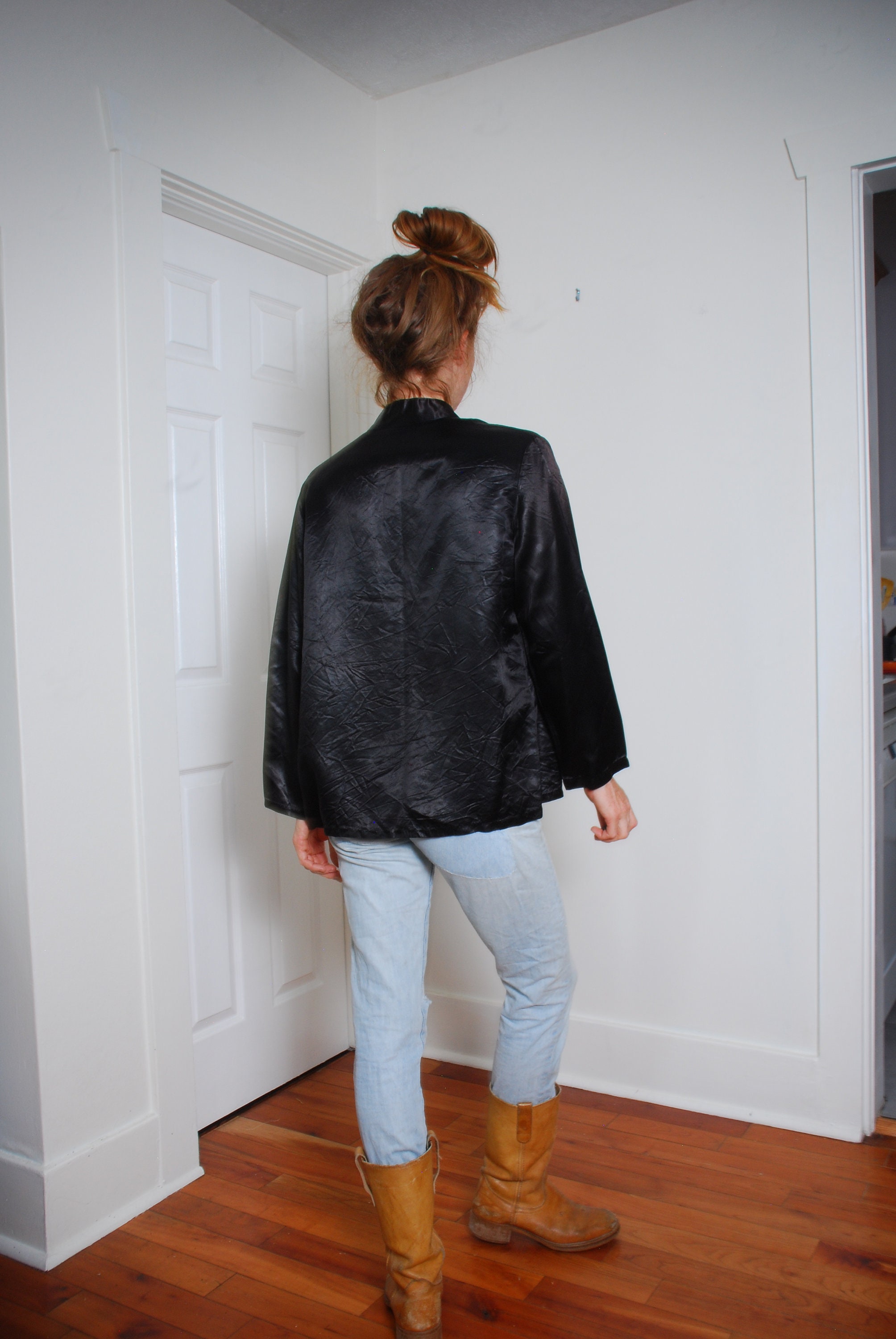 60s Medium Black Polyester Zip up Blouse Brass Mod Gogo 60s Medium Black Polyester Zip up Blouse Brass Mod Gogo