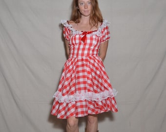 Vintage small dance costume red gingham leotard circle skirt contra dance Raggedy Ann barn country western cowgirl lace bow ballet halloween