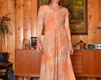 70s small long sleeve maxi dress v neck gold orange polkadot womens wedding special occasion holiday gown boho hippie exotic party festival