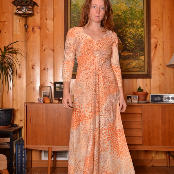 70s small long sleeve maxi dress v neck gold orange polkadot womens wedding special occasion holiday gown boho hippie exotic party festival