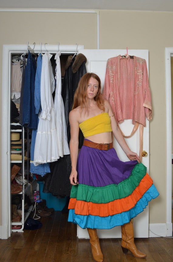 Vintage large hand made rainbow tiered skirt danci