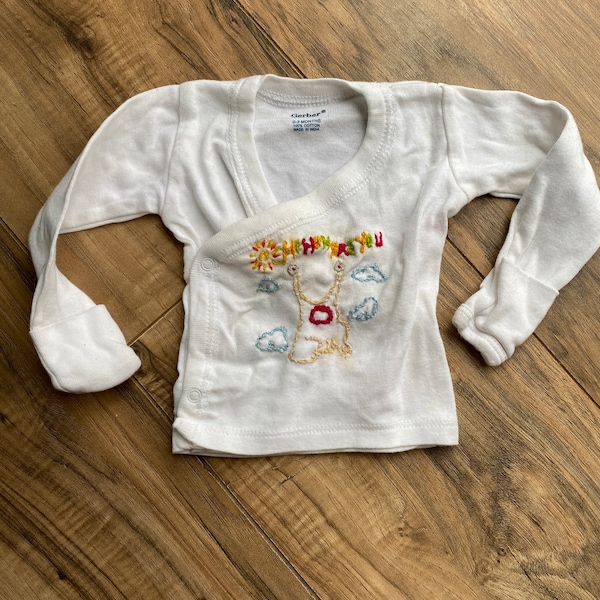 Embroidered Daniel Johnston baby shirt long sleeve newborn 0 3 month hipster baby cool kid rainbow indie music Wish you were Here white red