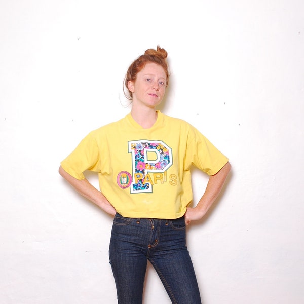 90er Jahre passt alle Ernte oben t-Shirt Universität Paris Blume P T Damen Vintage-Kleidung gelb Rundhals Kurzarm Boho Hippie hipster